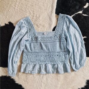 American Eagle blue crochet peplum top